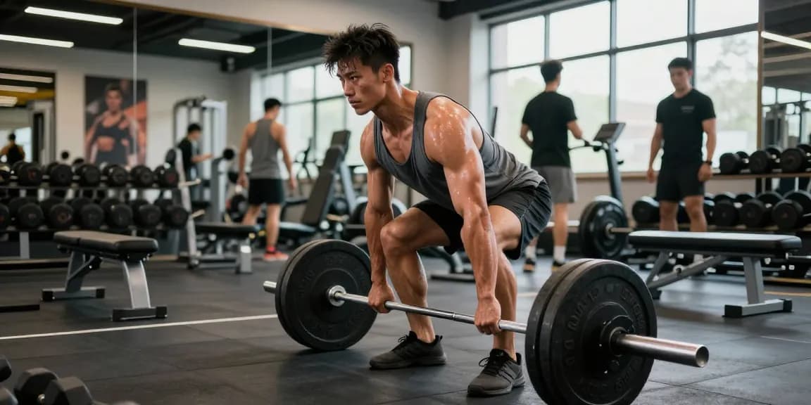 Anabolika Shop - Bodybuilder beim Gewichtheben in modernem Fitnessstudio, motivierende Atmosphäre.