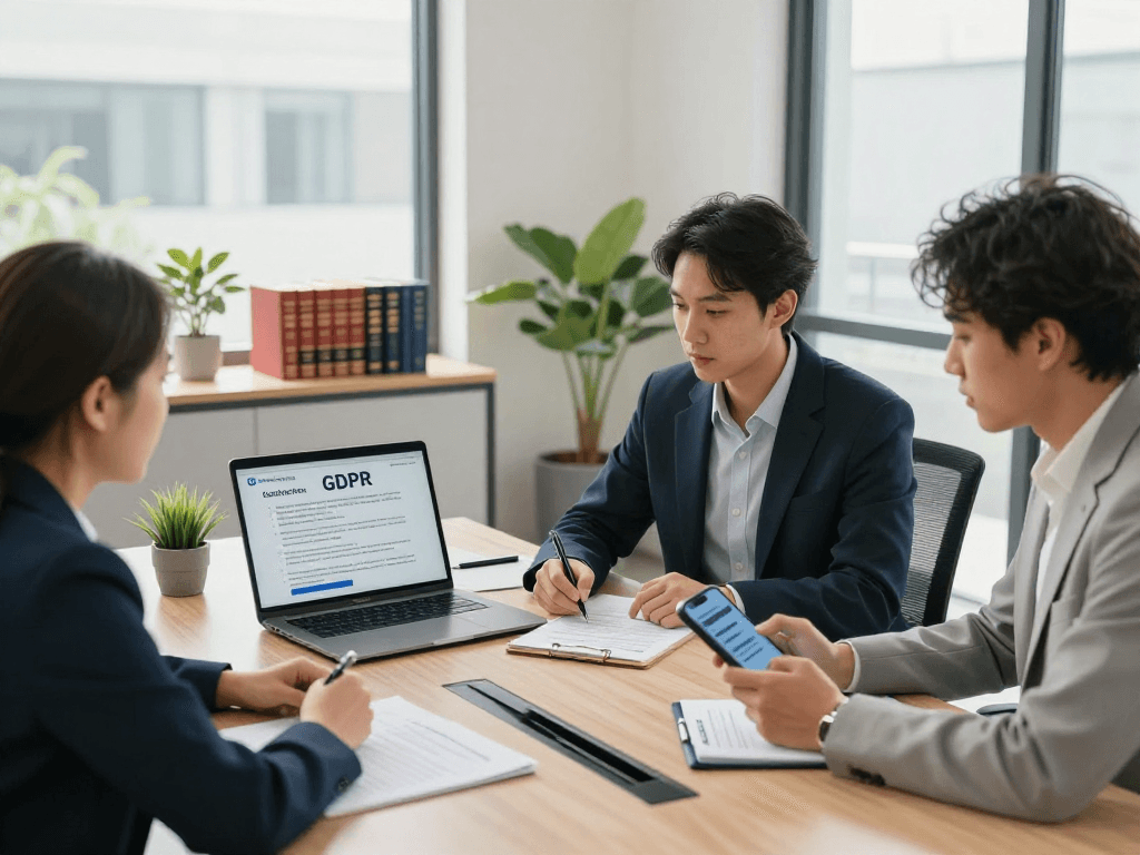 Startseite of MUNAS Consulting showing a professional teamwork scene focused on data protection strategies and GDPR compliance.