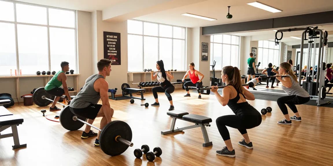 Anabolika Shop features an energetic gym environment with diverse bodybuilders performing exercises, showcasing strength and motivation.