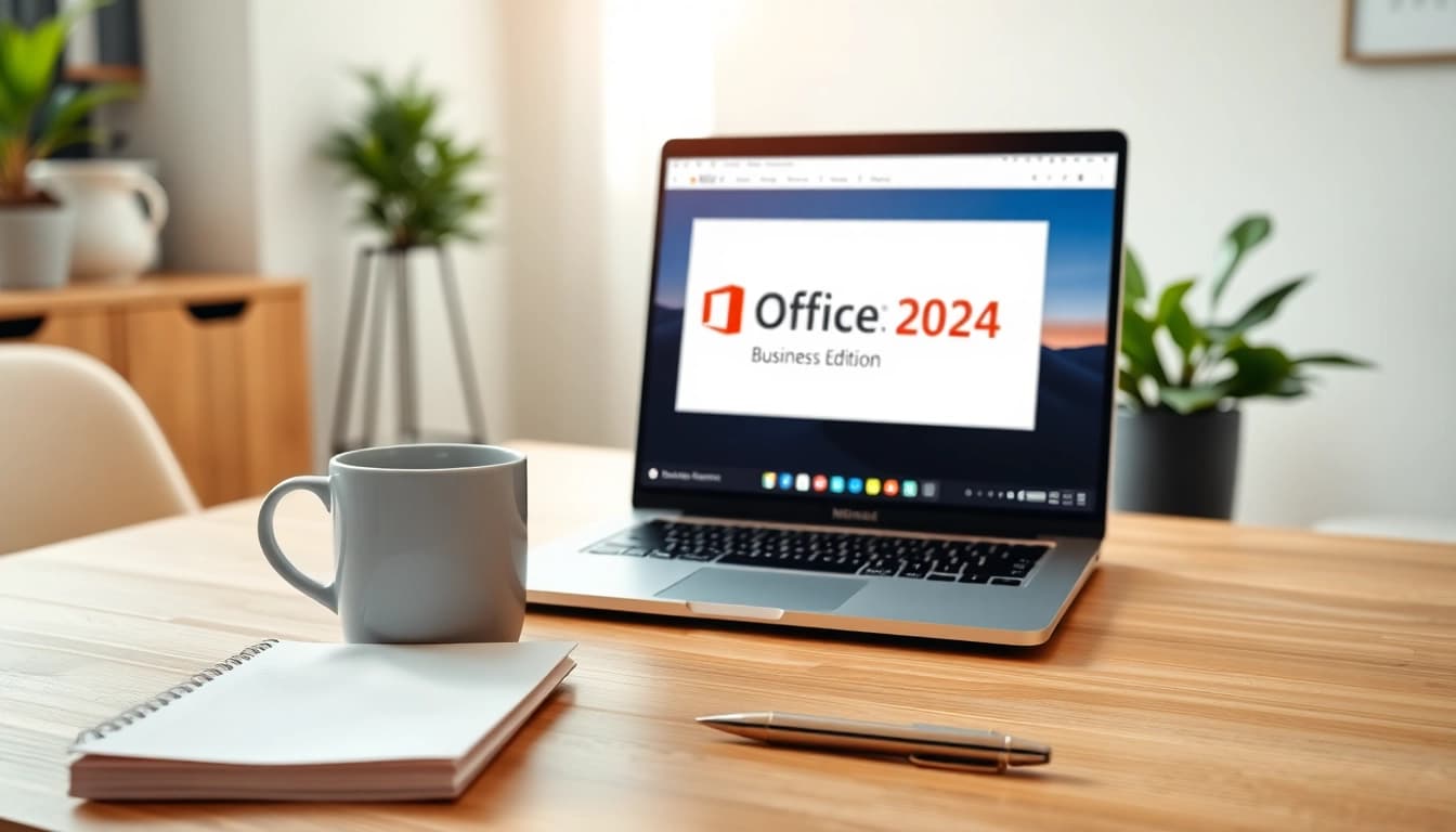 Microsoft Office Mac 2024 Business Edition auf modernem Arbeitsplatz mit Notizblock und Stift.