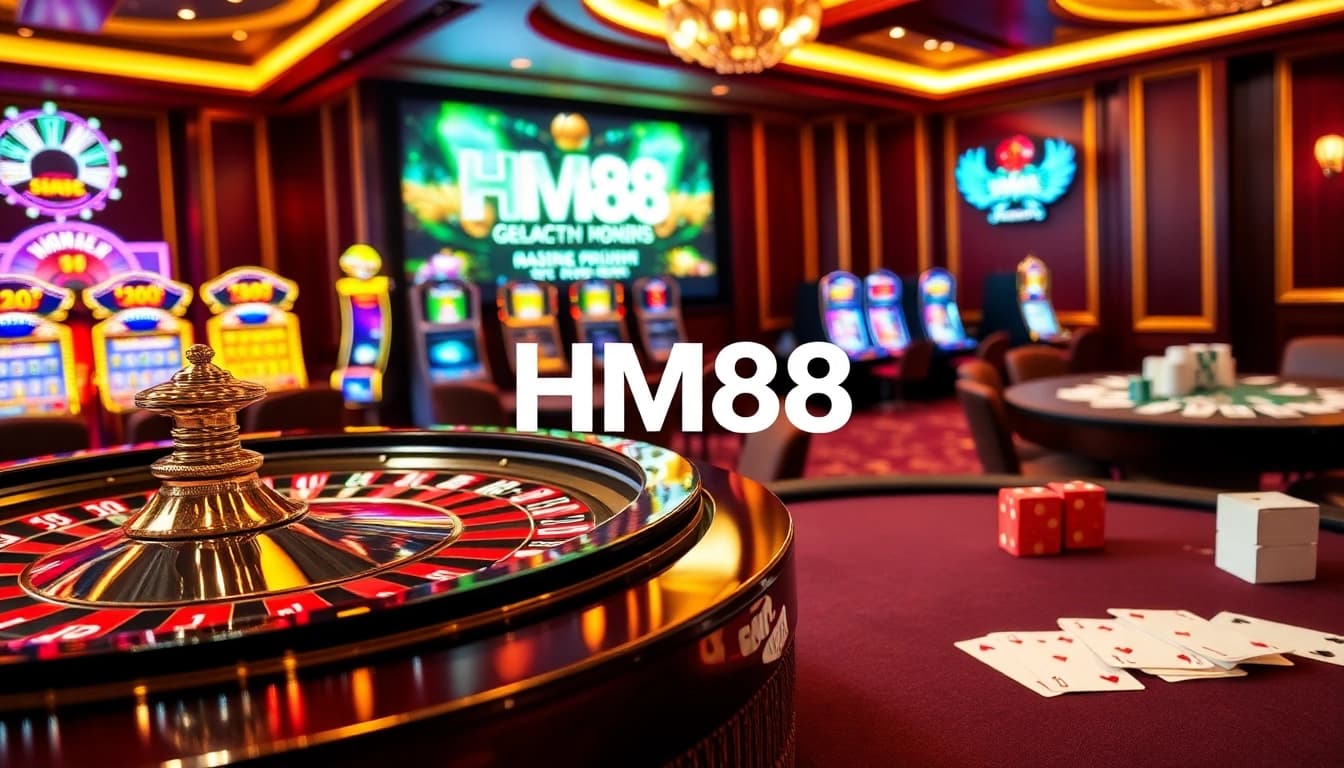Experience the excitement at HM88 with a vibrant casino scene showcasing roulette, slots, and poker tables.