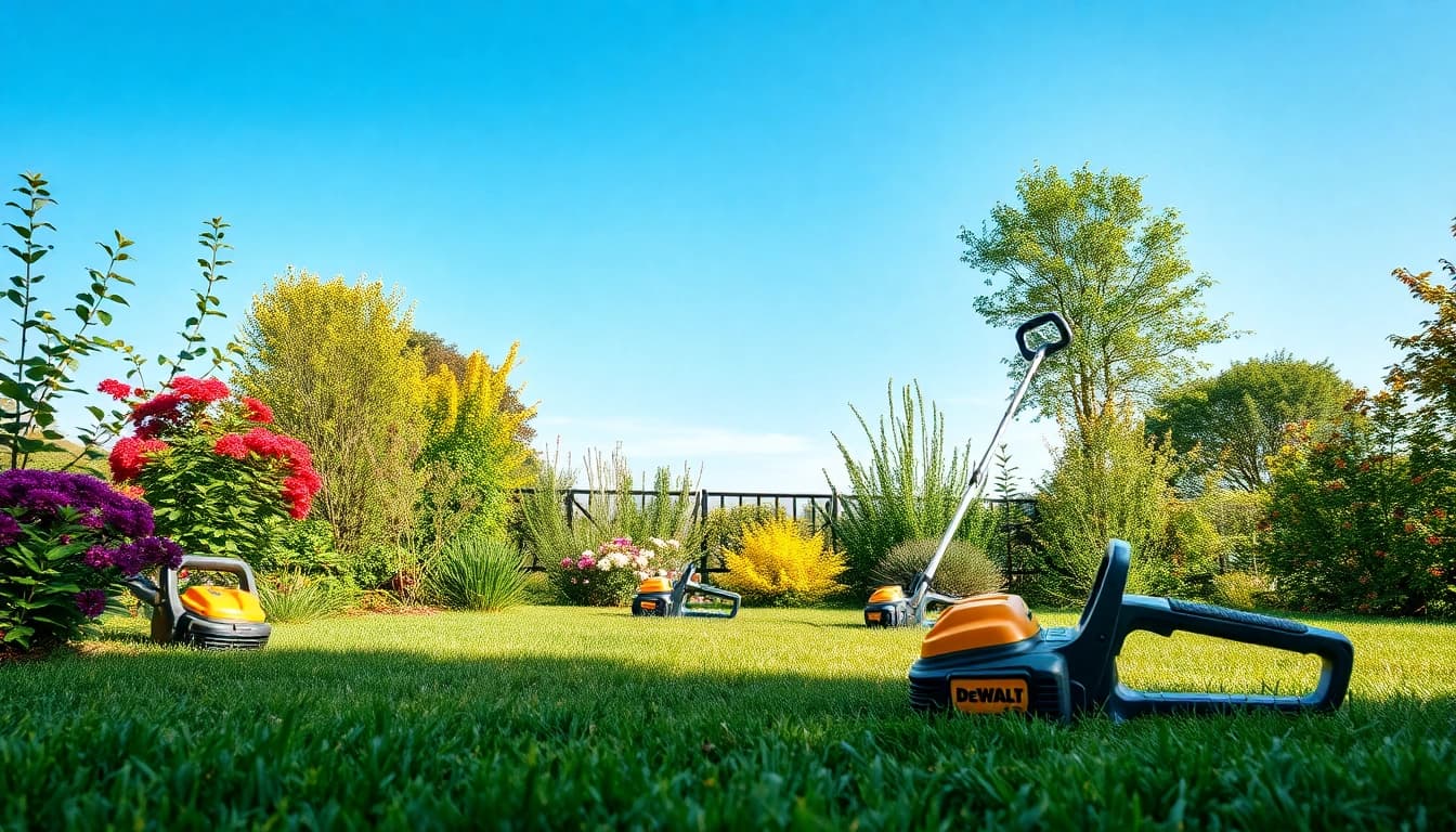 Dewalt gartengeräte im Einsatz: Ein Rasentrimmer und Laubbläser optimieren den Garten.
