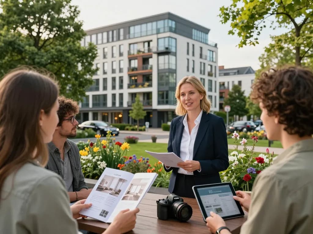 Immobilienmakler Frankfurt Dornbusch, der potenziellen Käufern städtische Immobilien in einem lebhaften Umfeld präsentiert.