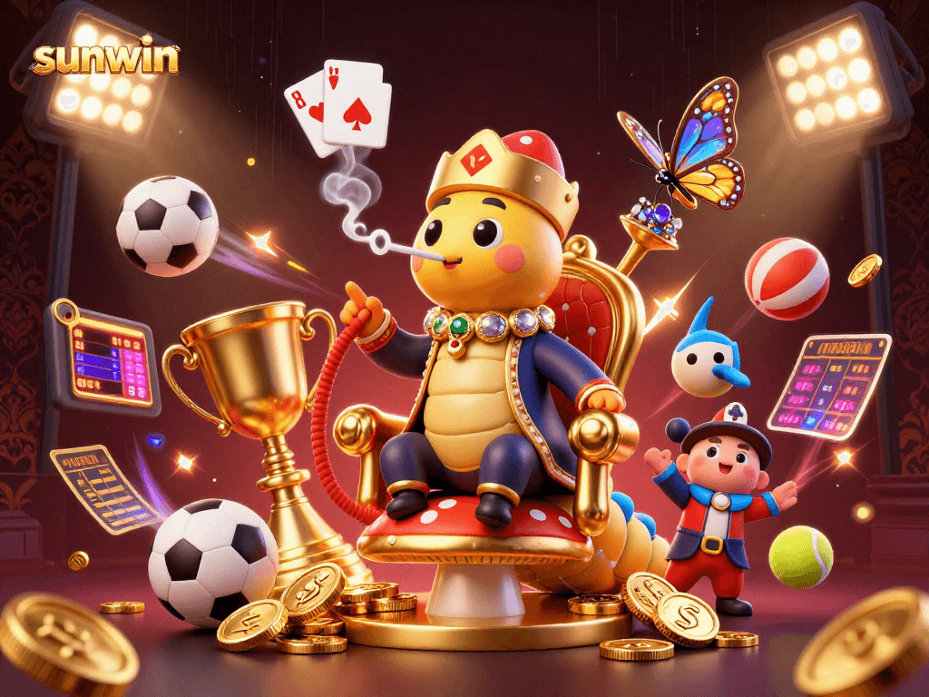 Experience captivating gameplay with sunwin, showcasing a 3D caterpillar master at a casino-themed extravaganza.