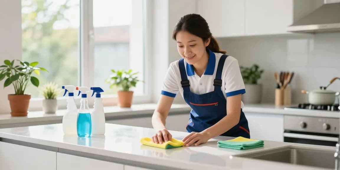 Professional cleaner performing wohnungsendreinigung bern in a bright kitchen, showcasing cleanliness and trust.
