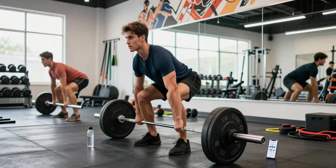 Mann hebt Gewichte im modernen Fitnessstudio und demonstriert Engagement für Fitness und Steroidshop zur anabolen Verbesserung.