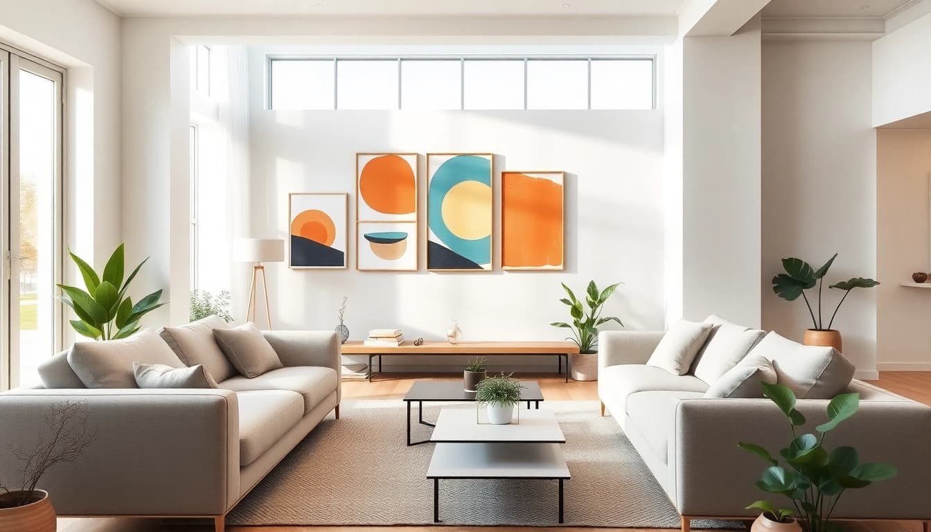 Moderne wandbilder in einem stilvollen Wohnzimmer mit harmonischer Anordnung und sanfter Beleuchtung.