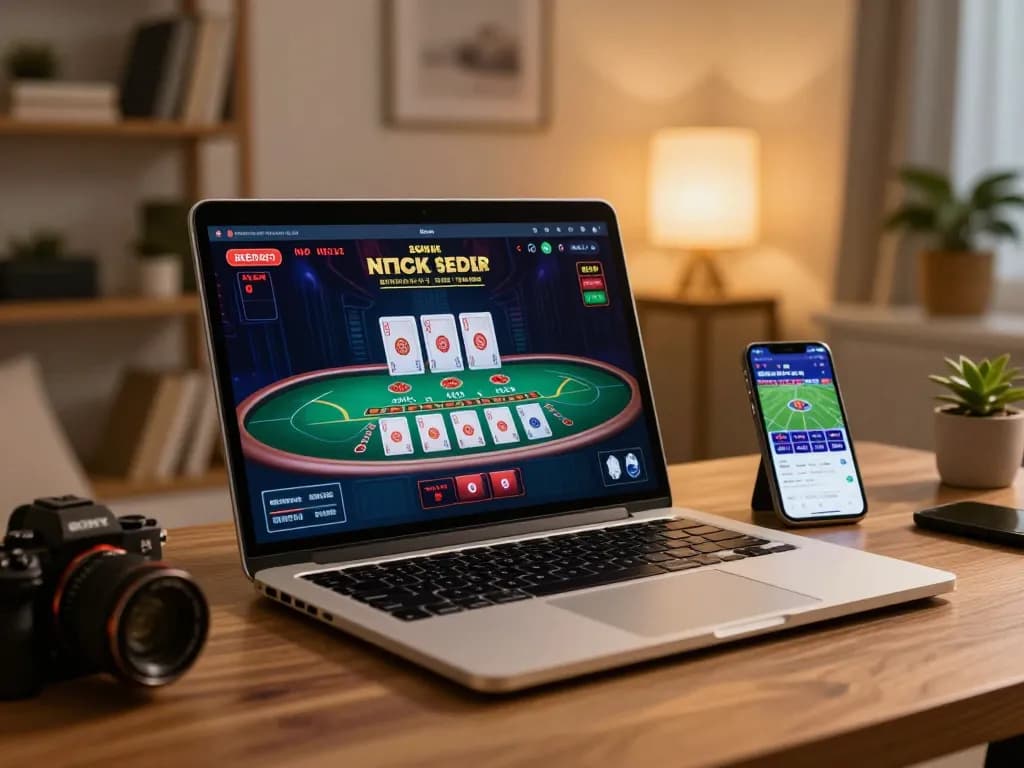 Players engaging in strategic online gambling via 789betpa on laptop and mobile app in cozy home setting.