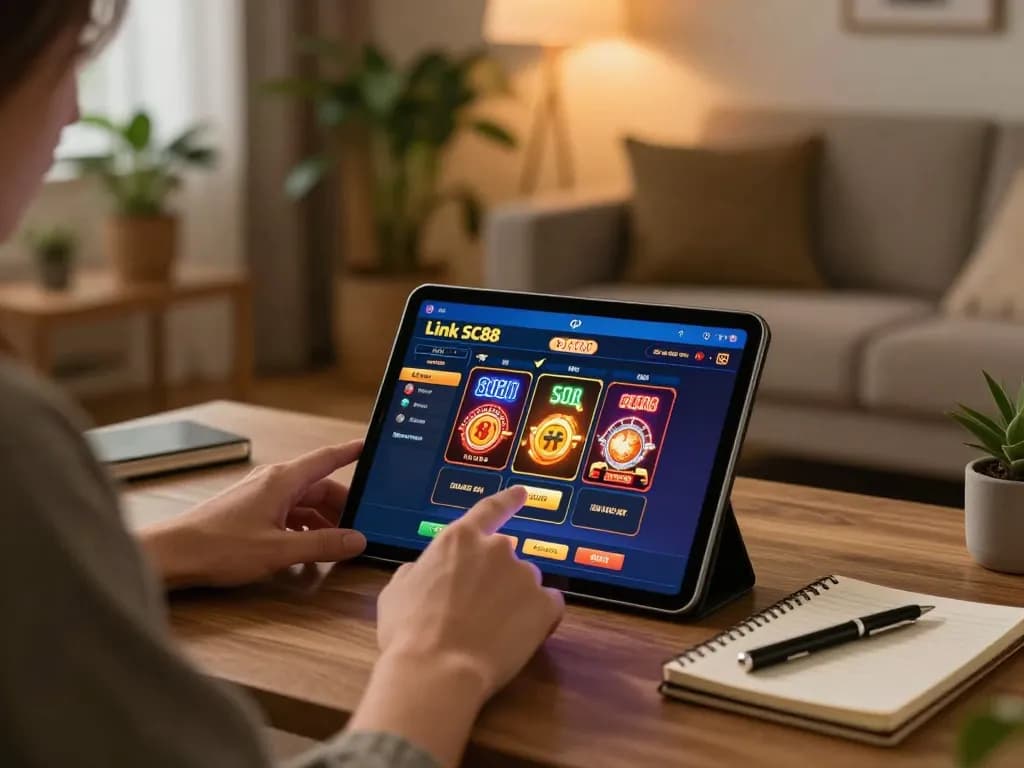 Engaging with the Link SC88 casino app on a tablet in a cozy home setting