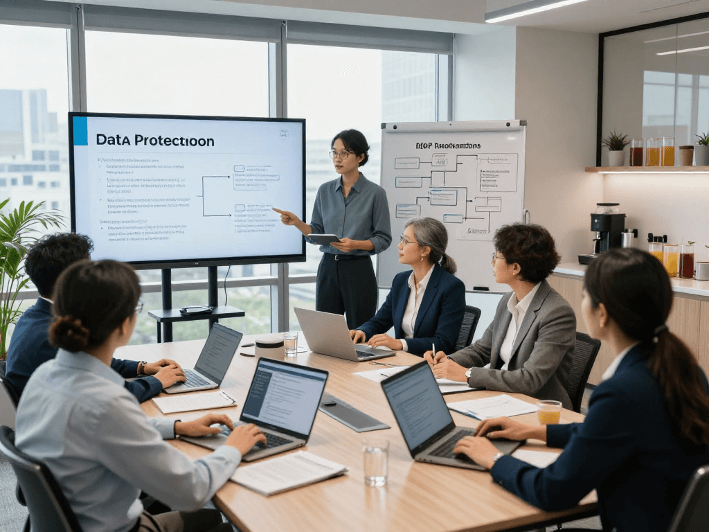 Startseite eines Datenschutzexperten-Teams in einer modernen Büroumgebung während einer Strategie-Besprechung