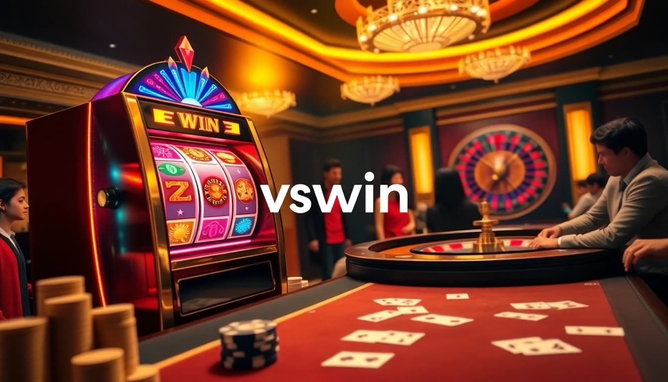 Experience thrilling gaming excitement at VSWIN casino with vibrant slot machines and poker tables.
