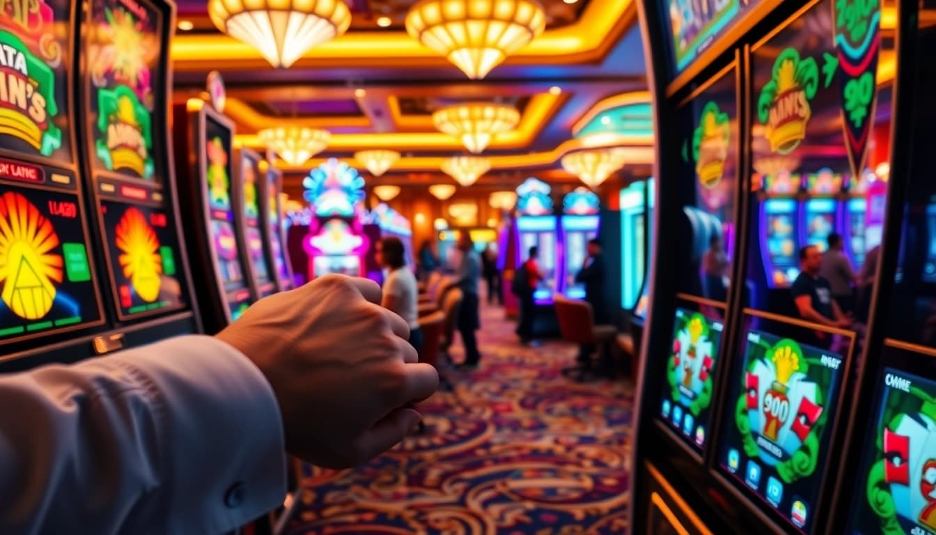 Spannende Casinospiele auf casinospiele.de mit leuchtenden Spielautomaten und glücklichen Spielern.