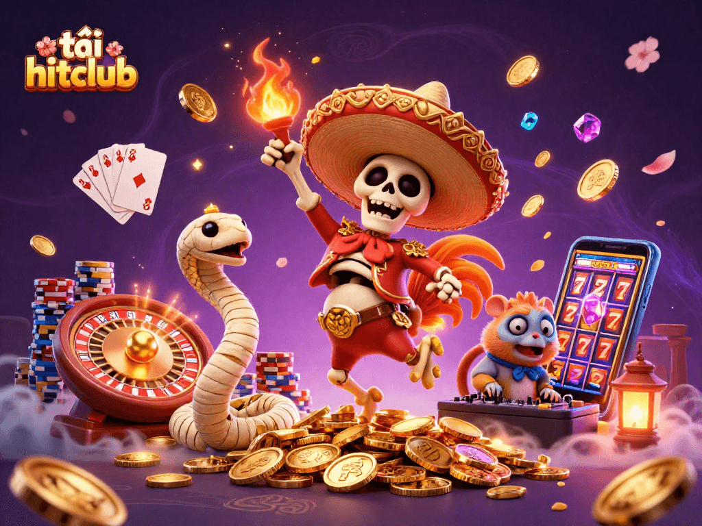 Experience the excitement of tải hitclub as characters dance amidst coins and gems in a vibrant 3D casino scene.