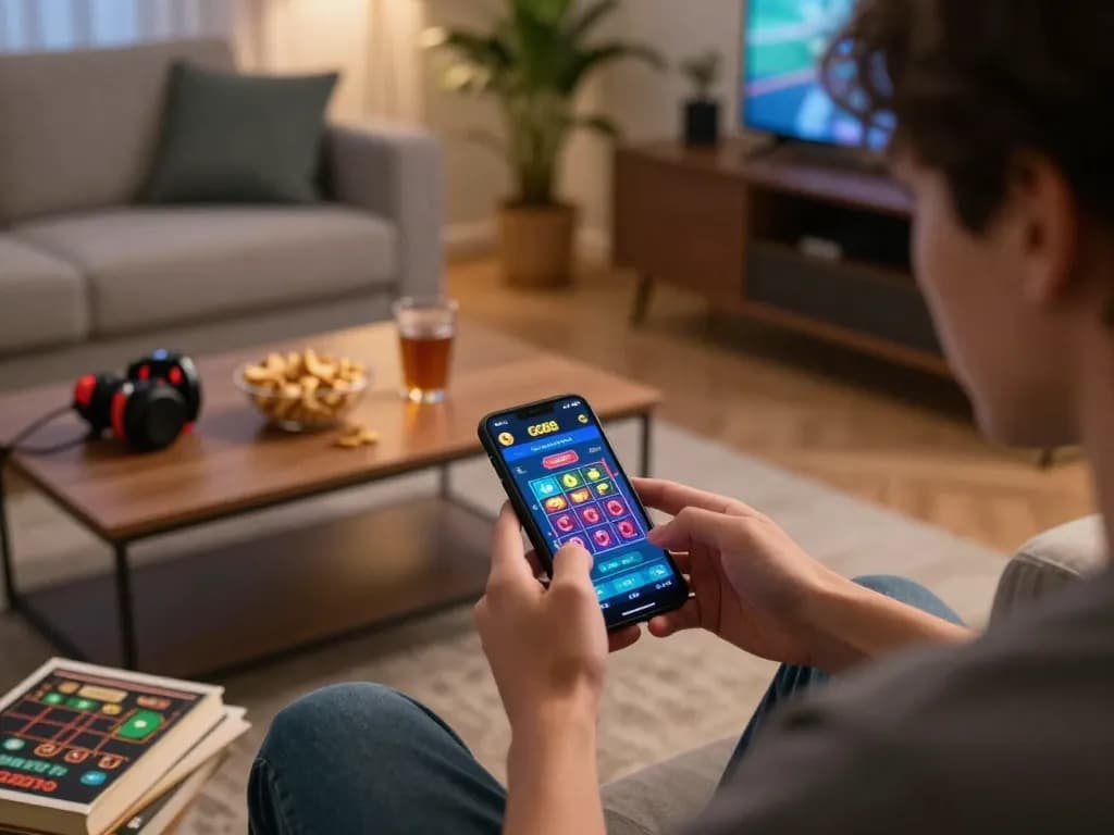 Player engaging with GO88 mobile gambling app in cozy home setting, emphasizing responsible gaming.