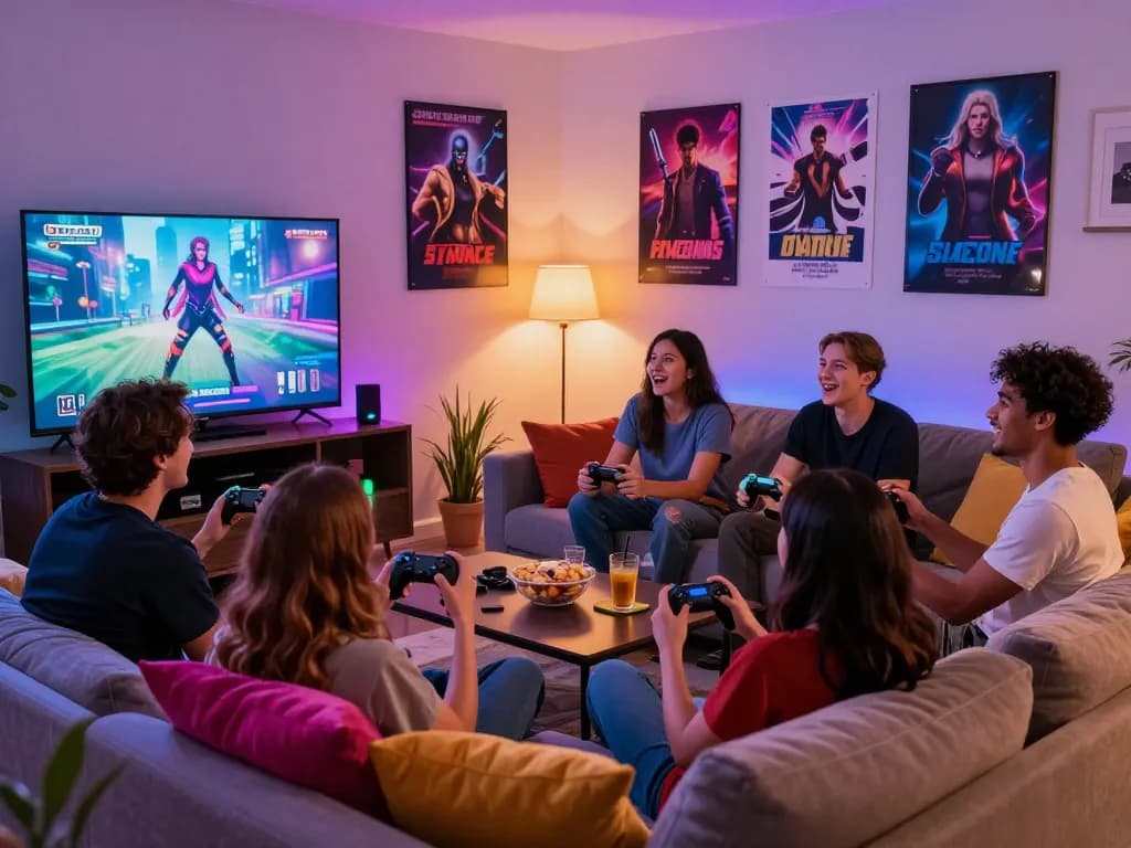 Friends enjoying interactive sexgames in a cozy gaming room, showcasing lively atmosphere and fun interactions.