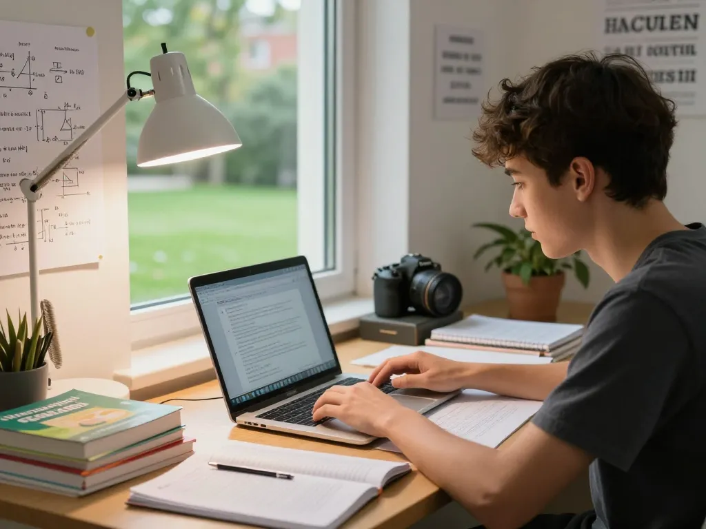 Student nutzt Hausaufgaben Löser auf einem Laptop, umgeben von Büchern in einer hellen Lernumgebung.