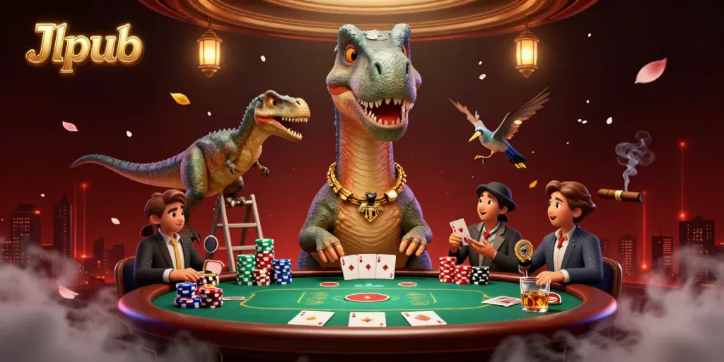 Experience poker excitement at Jlpub with dynamic 3D art featuring a brontosaurus and raptor dealer.