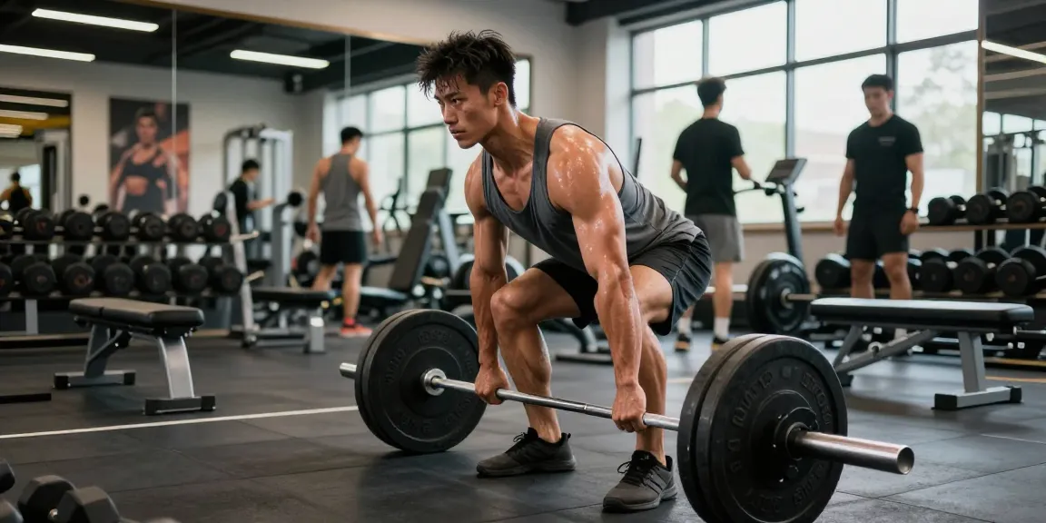 Anabolika Shop - Bodybuilder beim Gewichtheben in modernem Fitnessstudio, motivierende Atmosphäre.
