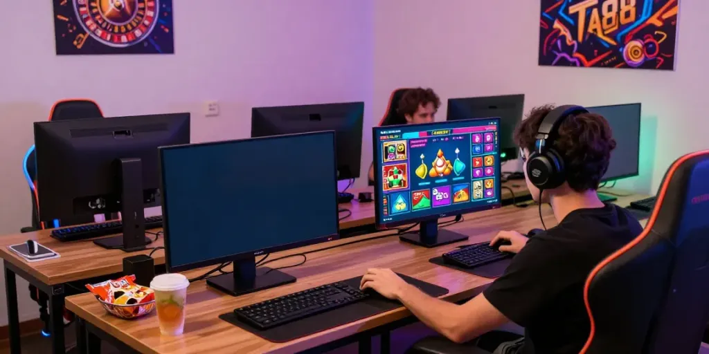 Engaged gamer enjoying the TA88 platform with colorful game interfaces and snacks.