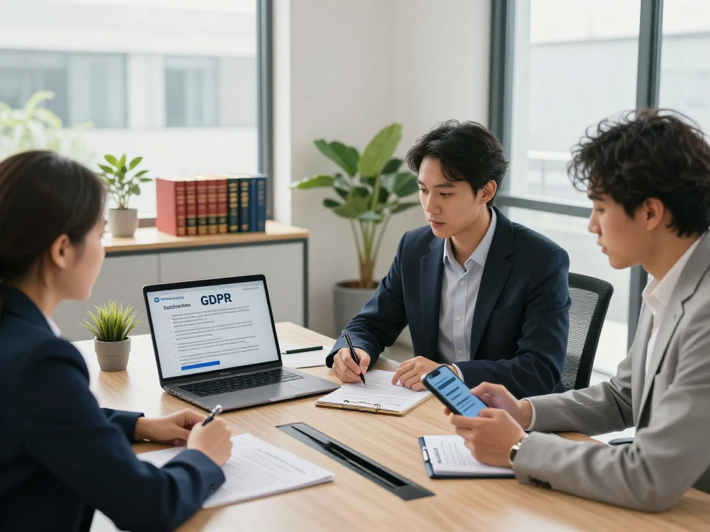 Startseite of MUNAS Consulting showing a professional teamwork scene focused on data protection strategies and GDPR compliance.