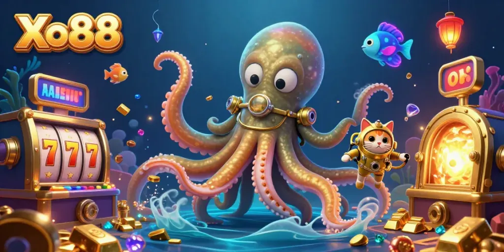 Xo88 showcases a captivating scene of a kraken and diving cat in a vibrant online casino world filled with jewels and winning opportunities.
