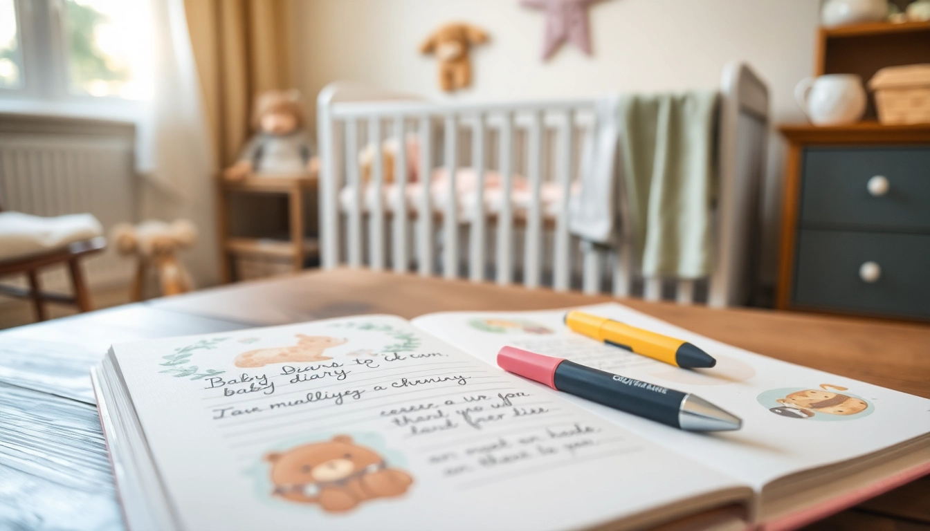 Kreatives Baby-Tagebuch auf einem Holztisch mit bunten Illustrationen und handgeschriebenen Notizen.