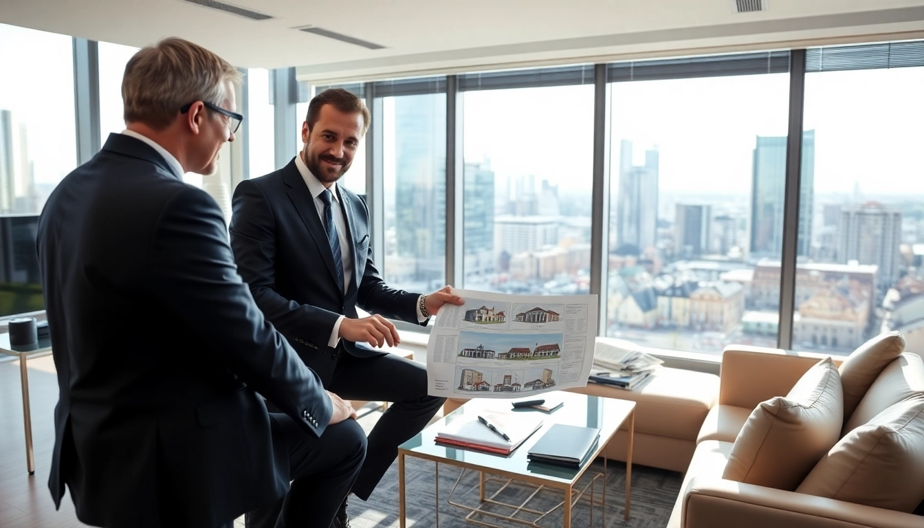 Immobilienmakler Frankfurt Dornbusch berät Kunden in modernem Büro mit Stadtblick.