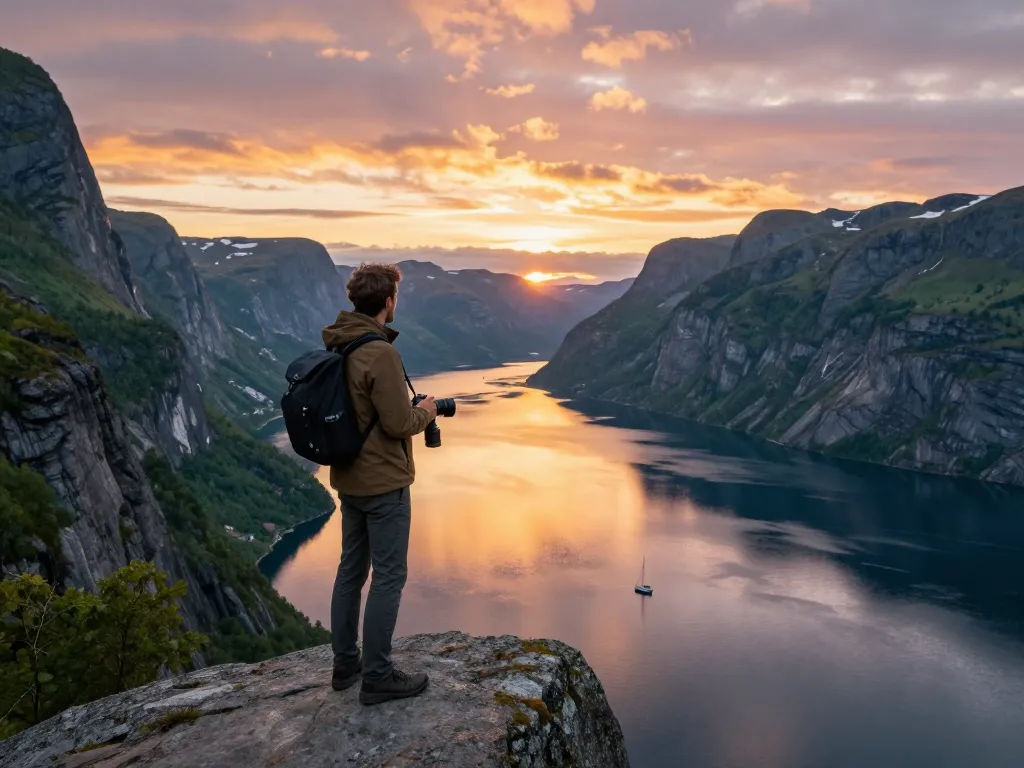 Urlaub in Skandinavien genießen mit einem Reisenden an einem Fjord während des Sonnenuntergangs.