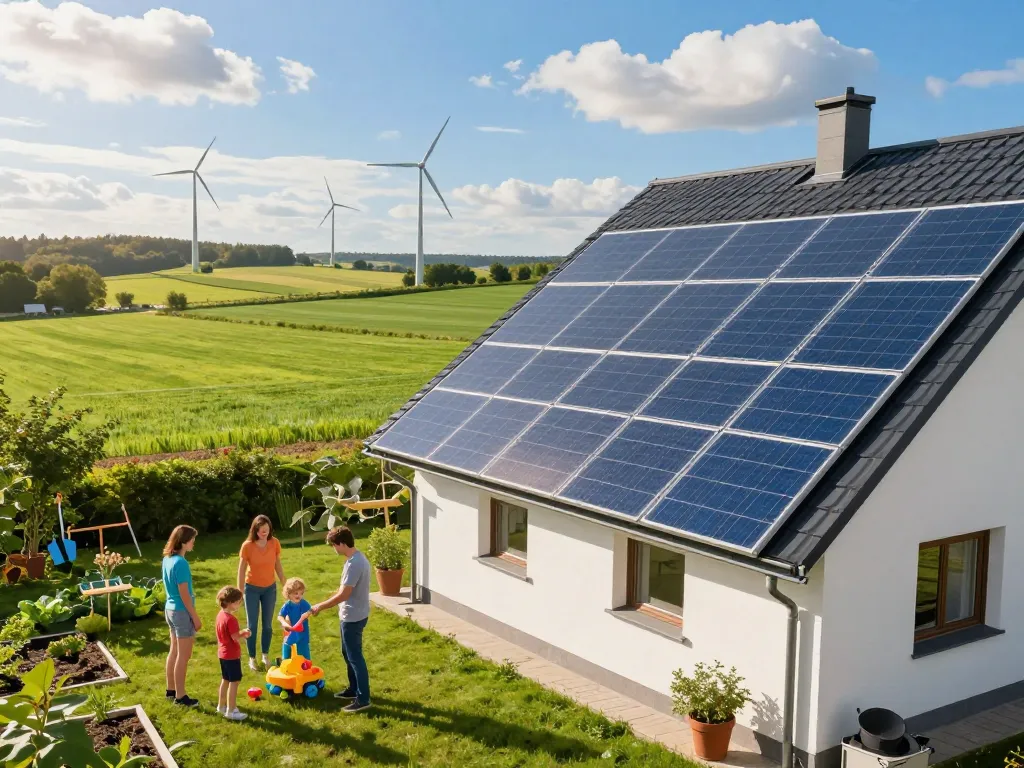 Photovoltaik Bayern: Eine lebendige Familie, die ihr solarbetriebenes Zuhause in der bayerischen Landschaft genießt