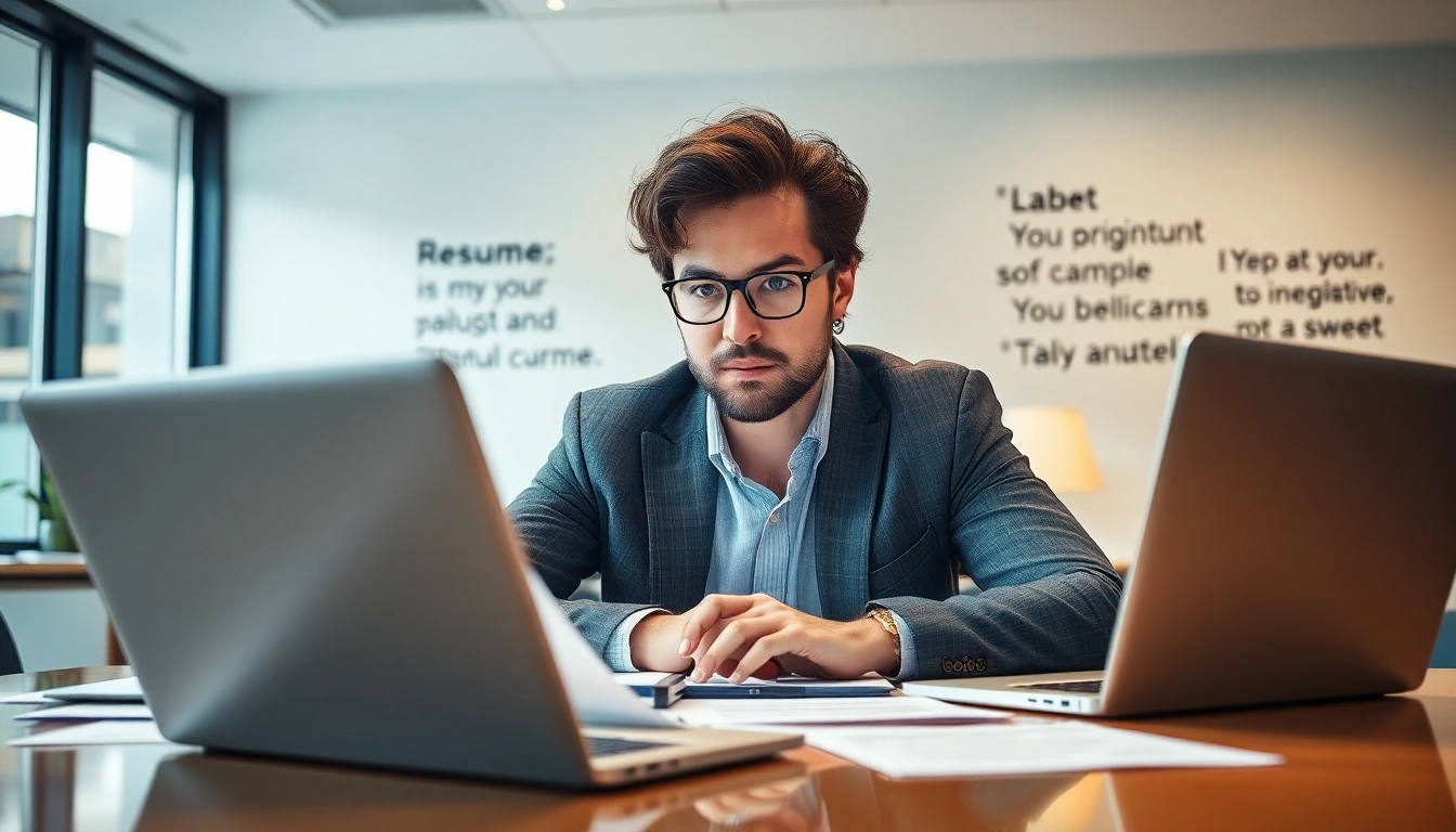 Headhunter IT an einem Schreibtisch mit Lebensläufen und Laptops.