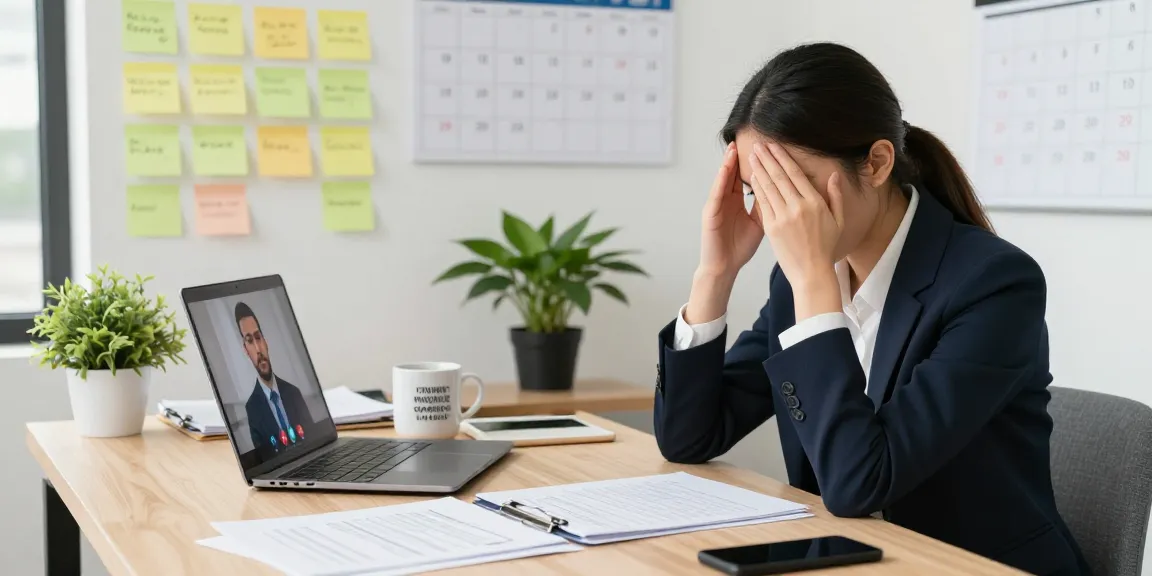 Stress mit dem Chef in einem modernen Büro mit Videoanruf und Dokumenten auf dem Tisch.