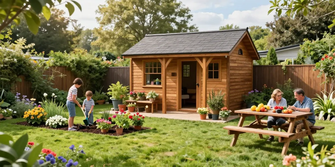 Stilvolles Gartenhaus umgeben von blühenden Pflanzen und einer Familie bei der Gartenarbeit, ideal für Gartenhäuser.