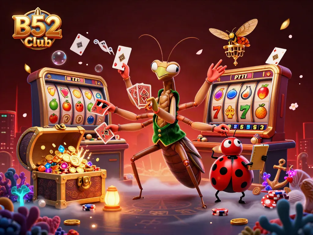 Experience exciting gaming action at B52Club featuring a vibrant casino scene with unique characters.