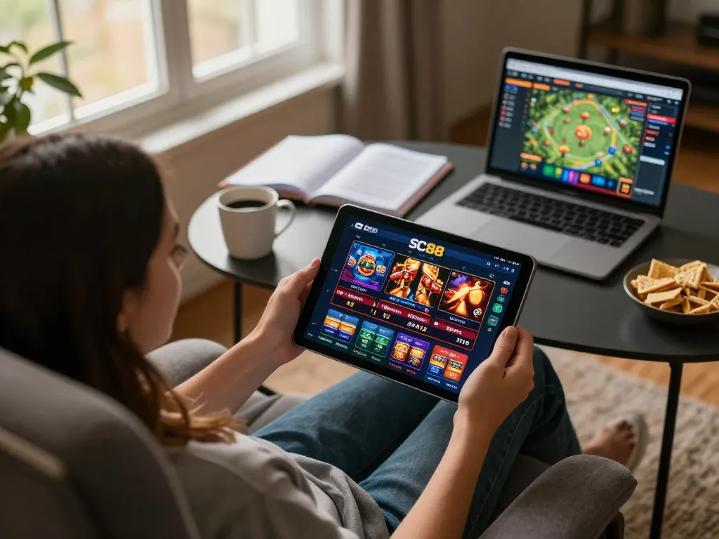 Engaged user playing SC88 online games on a tablet in a cozy home setting.