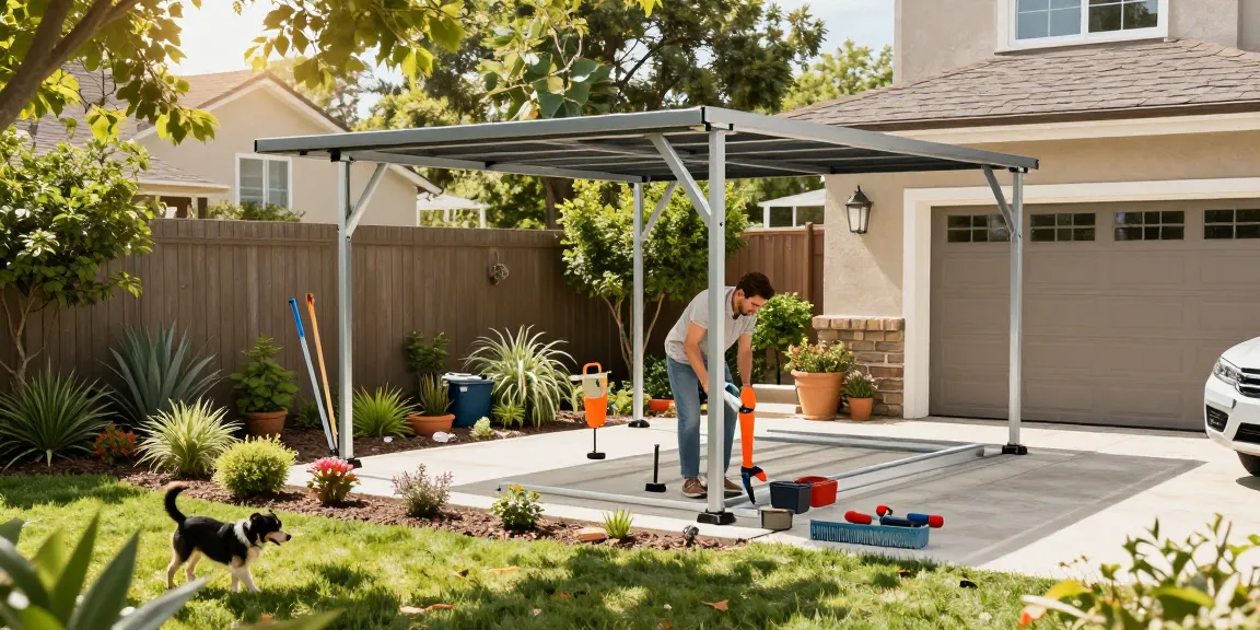 Moderne Carport-Installation mit Familie im Garten, die als DIY-Projekt zusammenarbeitet.