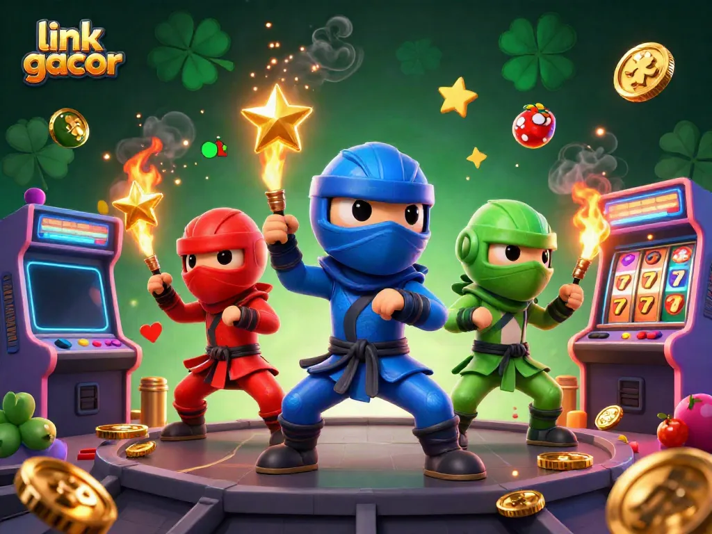 Engage with the link gacor strategy in this vivid 3D illustration featuring ninja chameleons and vibrant gaming elements.