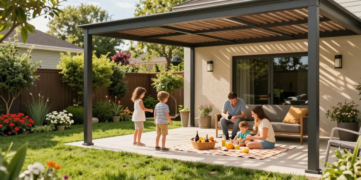 Freistehende Terrassenüberdachung in einem Garten mit fröhlichen Familienaktivitäten.