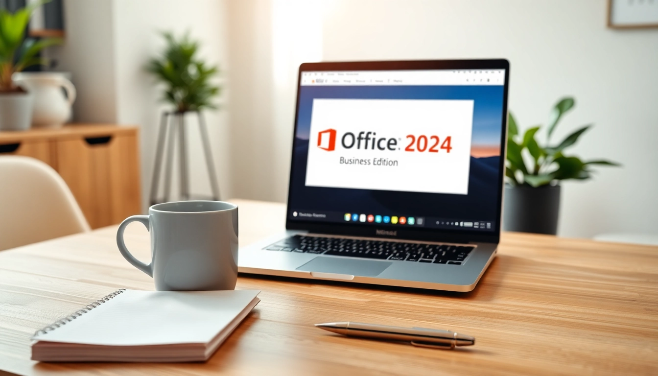 Microsoft Office Mac 2024 Business Edition auf modernem Arbeitsplatz mit Notizblock und Stift.