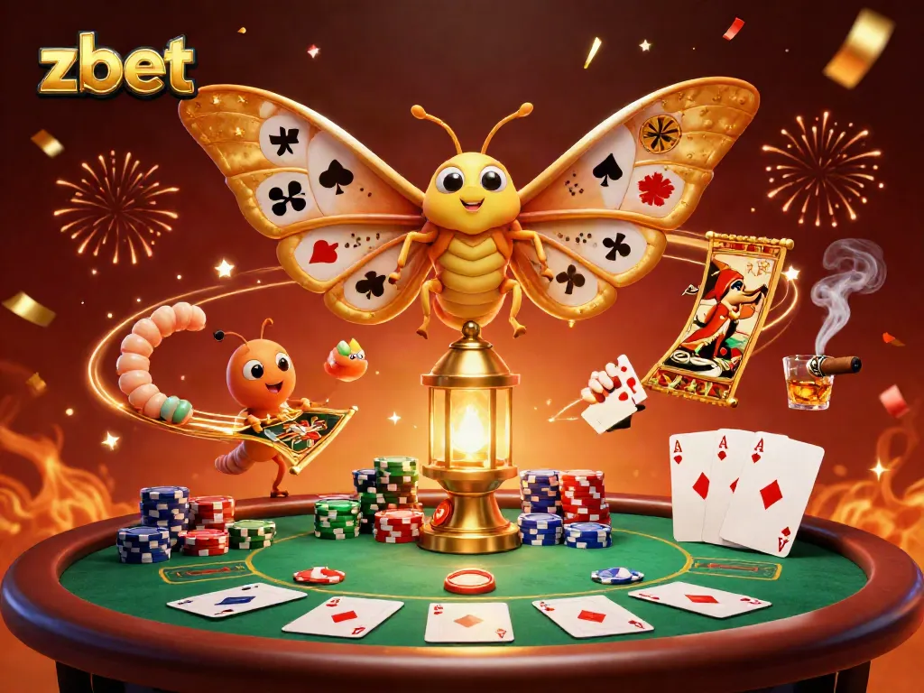 Experience thrilling gameplay at zbet with a vibrant casino scene featuring an atlas moth and poker elements.