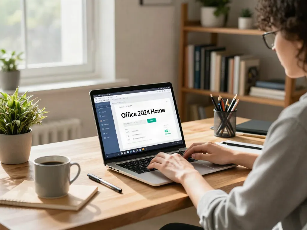 Moderne Home-Office-Szene mit Büro 2024 Home auf dem Laptop und einer einladenden Arbeitsumgebung.