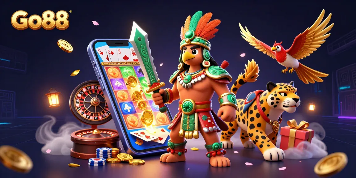 Engage with Go88's dynamic gaming world featuring a 3D Aztec warrior amidst vibrant casino elements.