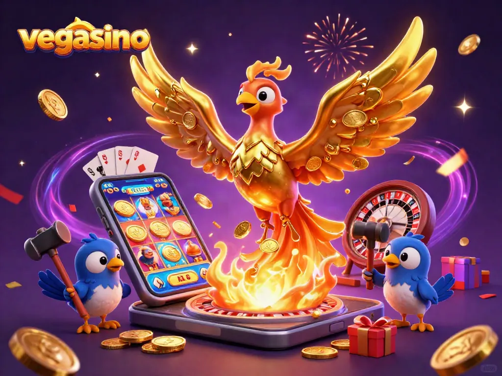 Experience the excitement of vegasino with a vibrant casino scene featuring golden symbols and gaming elements.