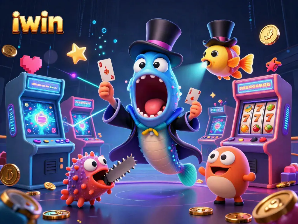 iwin showcases a vibrant, packed casino scene with animated characters performing tricks and engaging visuals.