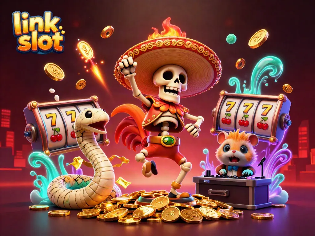 Experience thrilling wins at link slot with a lively 3D scene featuring animated characters and slot game elements.