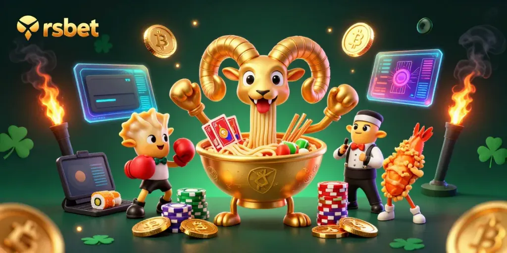 Engage with rsbet's vibrant gaming scene, featuring a golden ramen bowl character dealing cards and Bitcoin coins.
