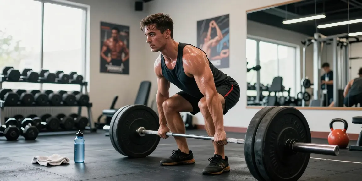 Bodybuilder hebt Gewichte im Anabolika Shop Deutschland Fitnessstudio und zeigt Muskelstärke und Hingabe.