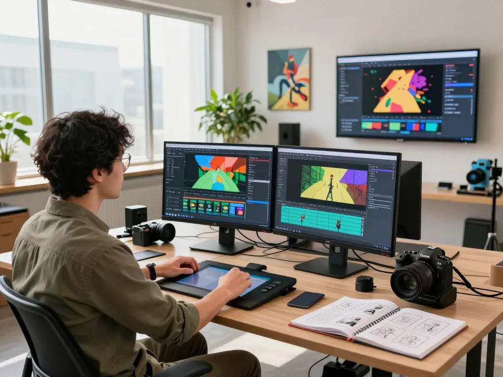 Creative professional showcasing motion control technology at a modern studio workstation, featuring Kling 2.6 in action.