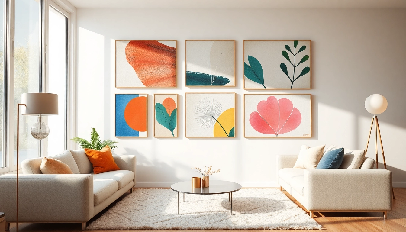 Moderne wandbilder in einem einladenden Wohnzimmer mit lebendigen Farben und zeitgenössischem Stil.