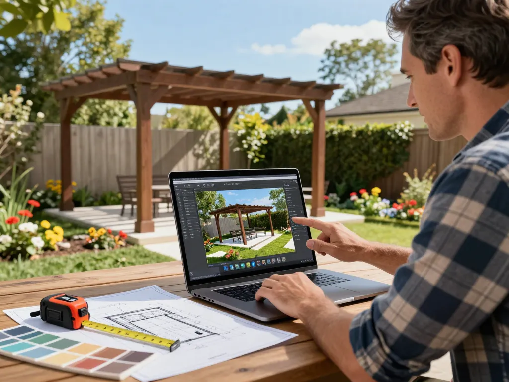 Professioneller Landschaftsgestalter nutzt Software für Pergola-Installateure, um eine maßgeschneiderte Pergola in einer lebendigen Gartenumgebung zu konfigurieren.