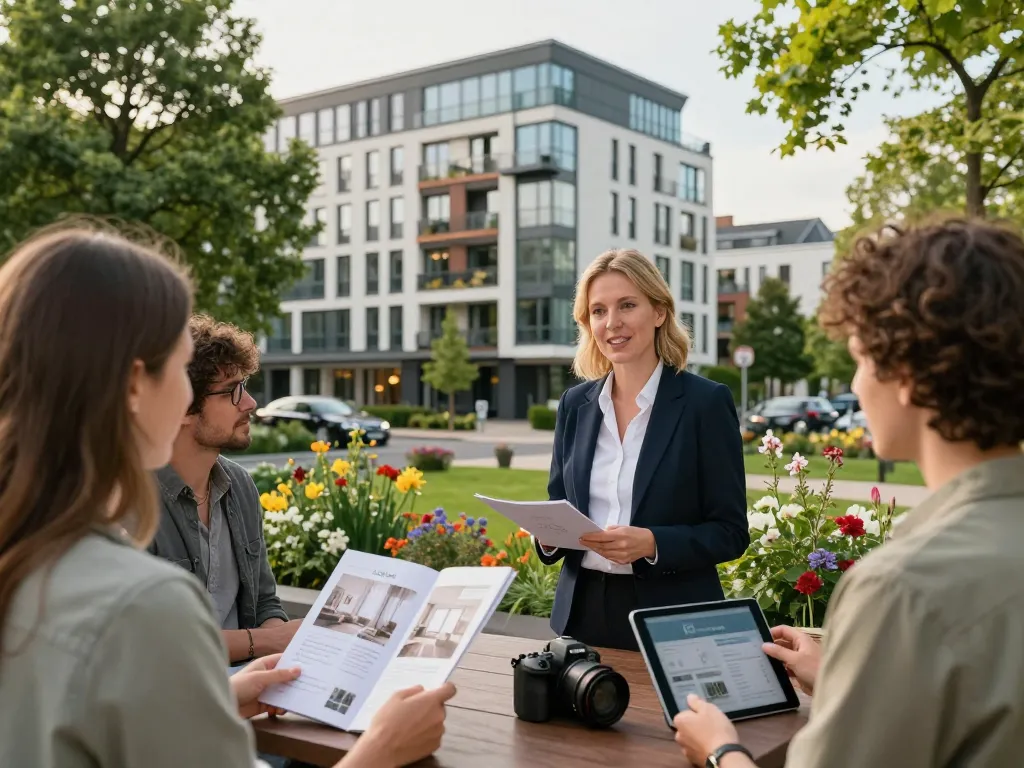 Immobilienmakler Frankfurt Dornbusch, der potenziellen Käufern städtische Immobilien in einem lebhaften Umfeld präsentiert.